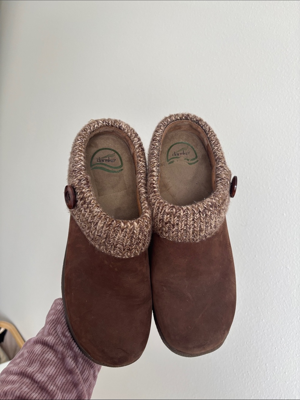 Dansko Kenzie clogs brown leather cozy sweater-knit collar decorative button EUC - Picture 3 of 8